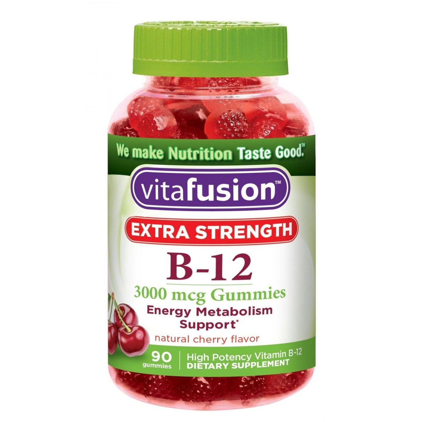 Vitafusion B-12 3000 mcg gummies in natural cherry flavor, dietary supplement for energy and metabolism support.