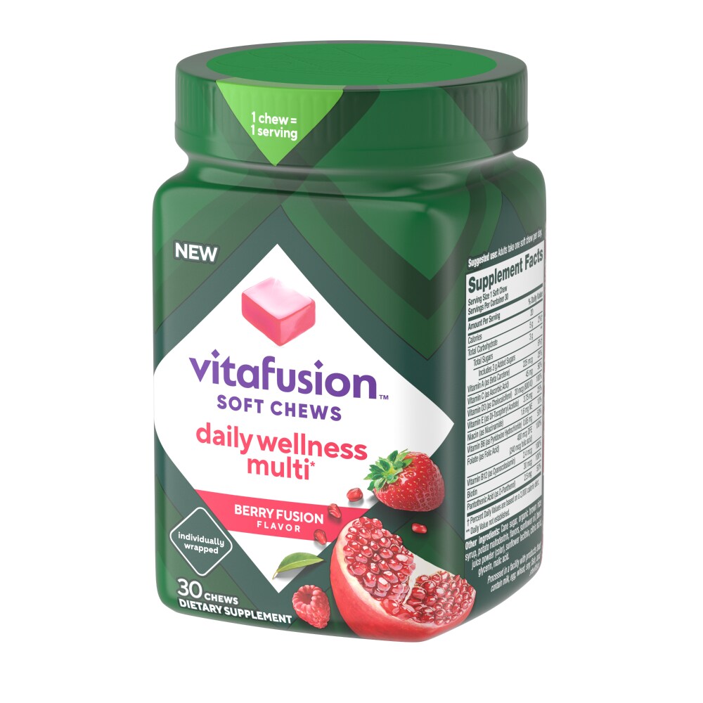 Vitafusion Daily Wellness Multi Berry Fusion soft chews in a clear container, showing colorful berry-flavored vitamin soft gummies.