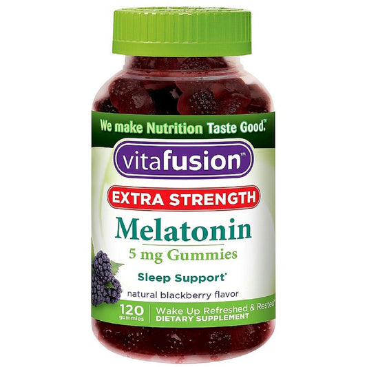 Vitafusion Extra Strength Melatonin 5mg gummies in natural blackberry flavor, 120 count, dietary supplement for sleep support.