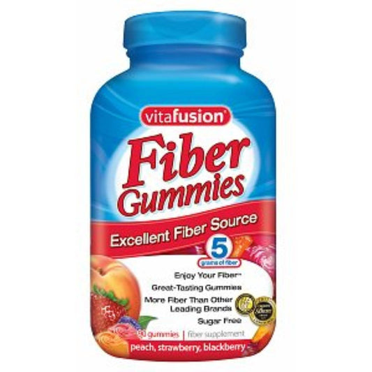 Vitafusion Fiber Well sugar-free gummies in peach, strawberry, and berry flavors, dietary supplement vitamins & fiber.