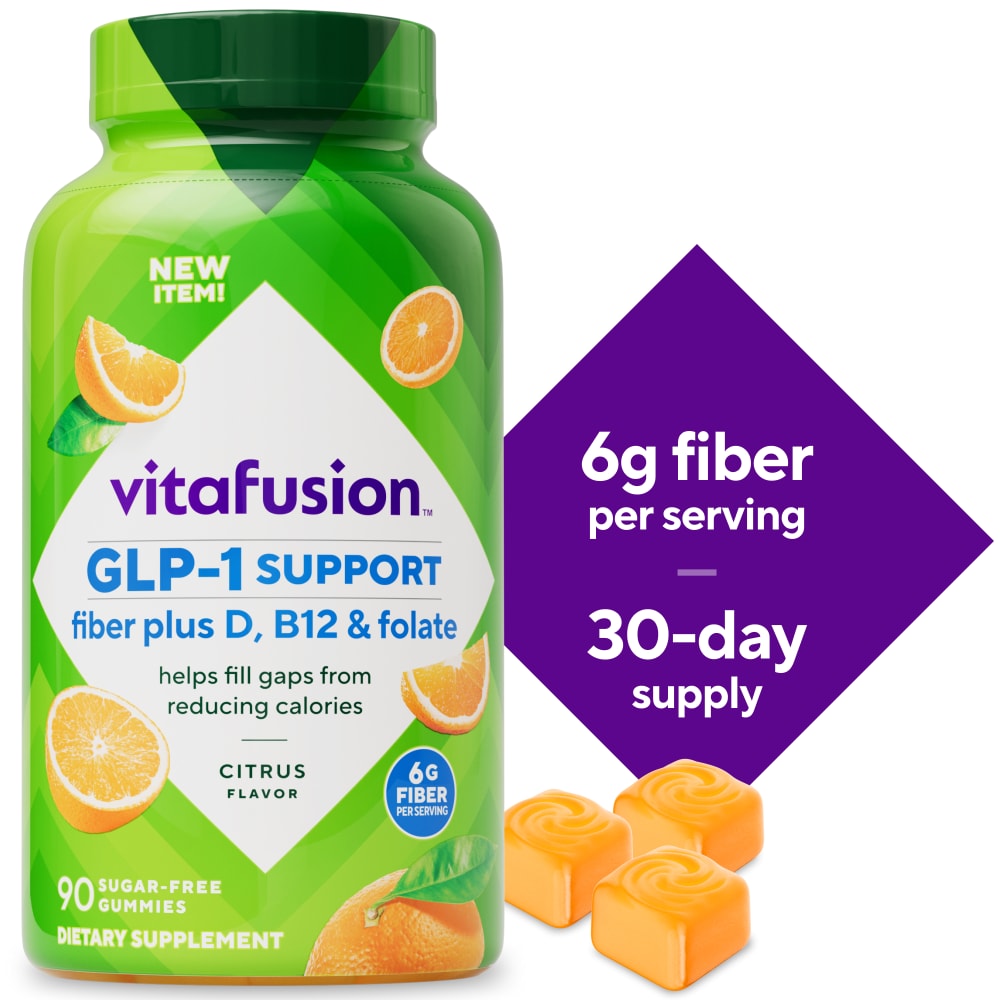 Vitafusion GLP-1 Support Fiber Plus vitamins with D, B12, and folate in supplement bottle, dietary vitamins and fiber supplement.