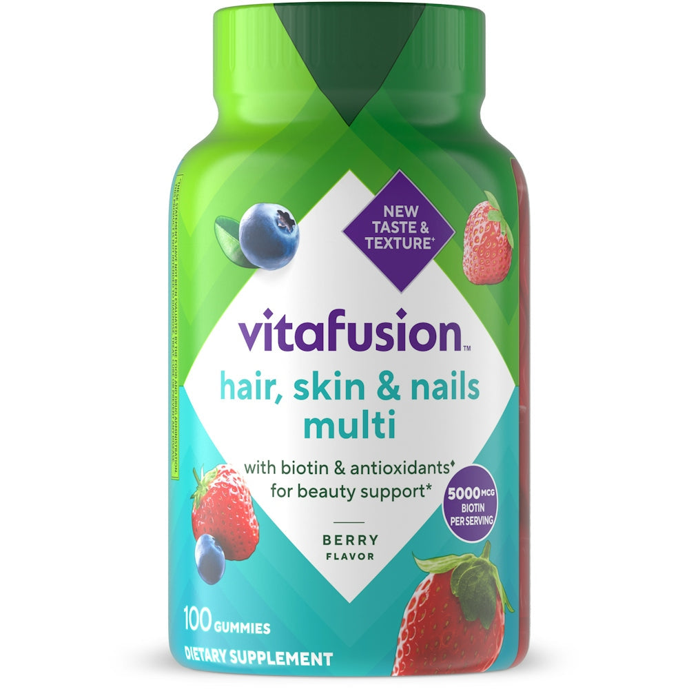 Vitafusion Gorgeous Hair, Skin & Nails multivitamin gummies in raspberry flavor, 100-count bottle, dietary supplement by Pasteur Pharmacy.