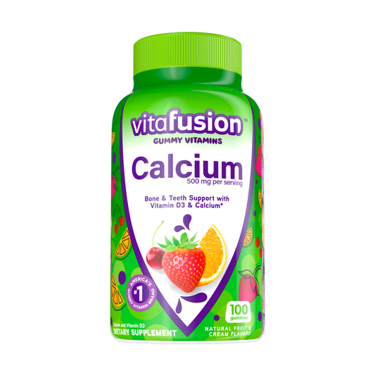 Vitafusion calcium gummy vitamins in natural fruit and cream flavors, 100 count dietary supplement bottle.