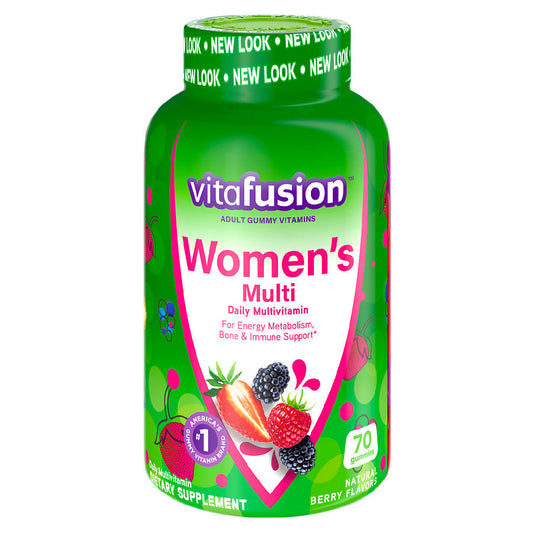 Vitafusion Women's Multi Gummy Vitamins in natural berry flavors, colorful gummies for daily dietary supplement.