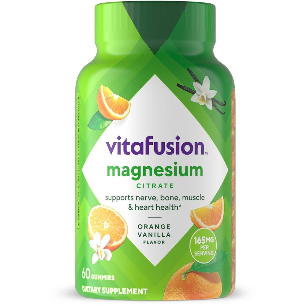 Bottle of Vitafusion Magnesium adult gummies in tropical citrus flavor, 60 count, from Pasteur Pharmacy, dietary supplement for magnesium intake.