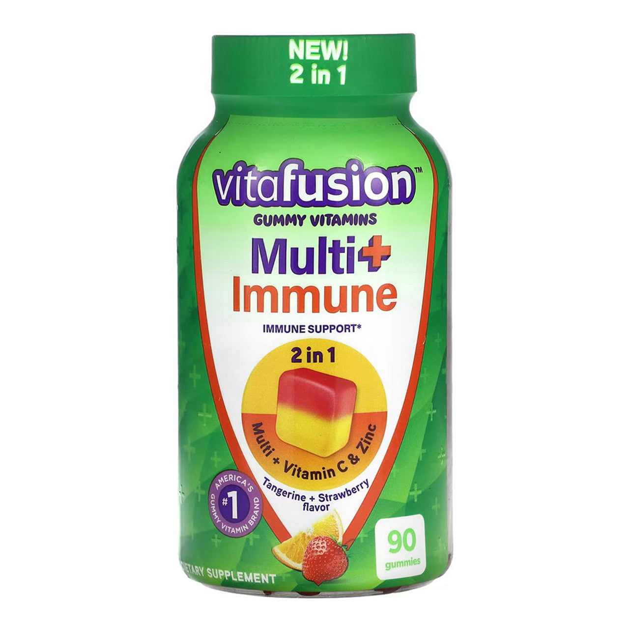 Vitafusion Multi+ Immune Gummy Vitamins in Tangerine and Strawberry, 90 gummies, a dietary supplement for immune support.