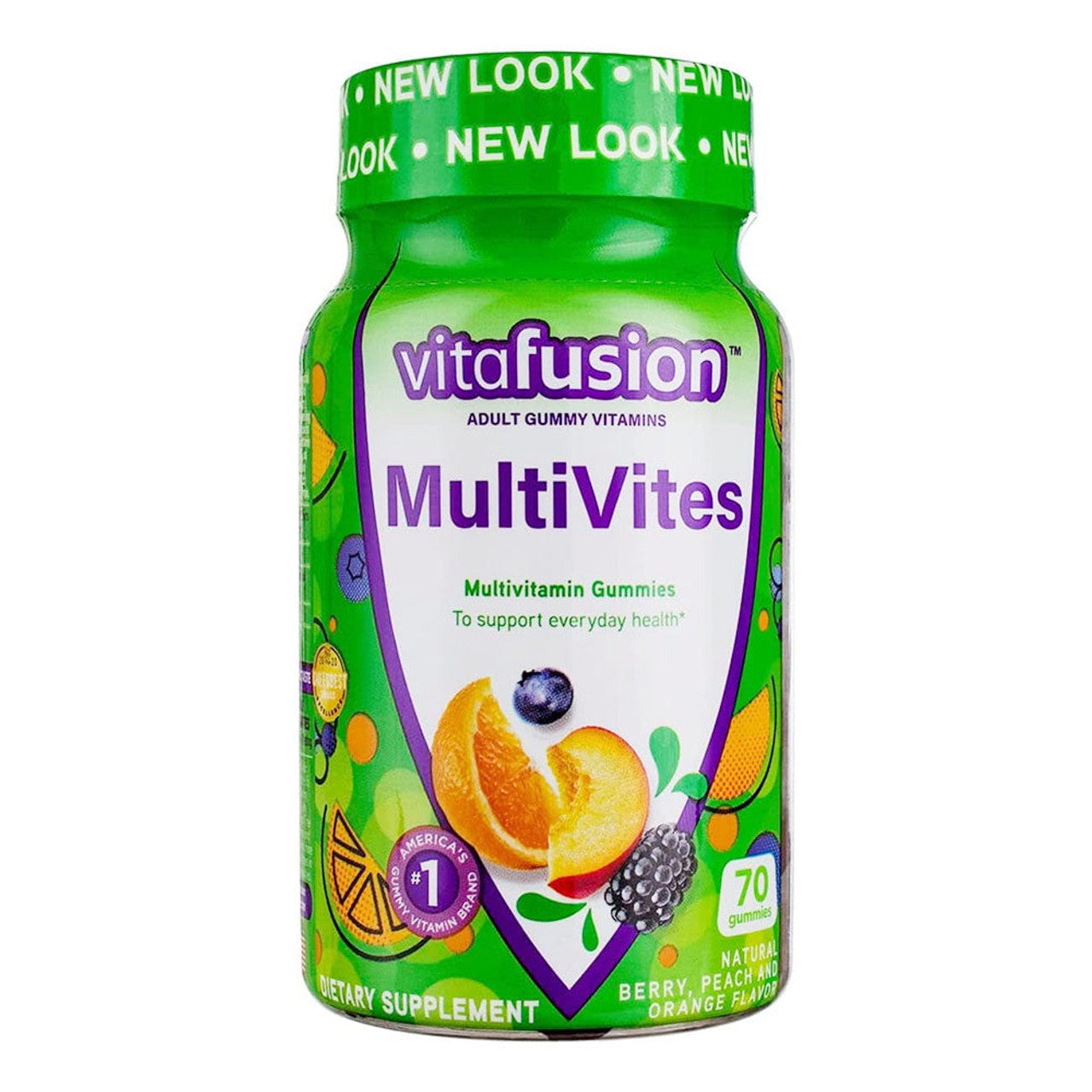 Vitafusion MultiVites daily multivitamin gummies in berry, peach, and orange flavors, 70 count, natural vitamin supplement.