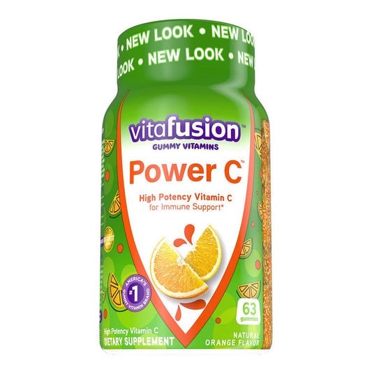 Bottle of Vitafusion Power C Natural Orange Flavor Gummy Vitamins dietary supplement, showing orange-flavored gummies in a 63-count bottle.