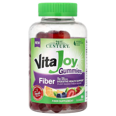 Vitajoy Fiber Gummies by Pasteur Pharmacy, colorful vitamin supplement gummies on a white background