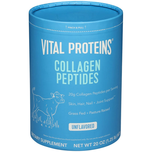 Unflavored Vital Proteins Collagen Peptides powder in a clear jar, dietary supplement for skin and joint health.