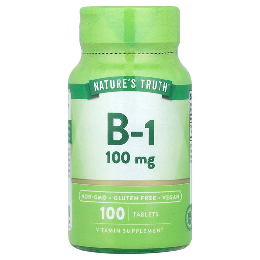 Vitamin B-1 100 mg tablets from Pasteur Pharmacy, 100-count unit dose supplement showing tablets in blister pack.