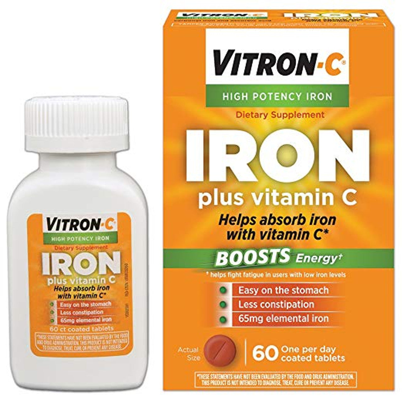 Bottle of Vitron-C iron supplement with vitamin C, high potency iron tablets for energy support from Pasteur Pharmacy.
