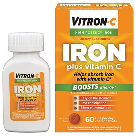 Bottle of Vitron-C iron supplement with vitamin C, high potency iron tablets for energy support from Pasteur Pharmacy.