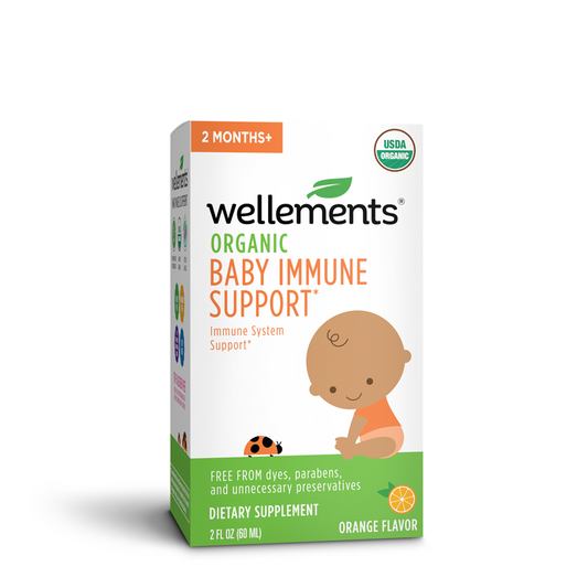 Wellements Organic Baby Immune Syrup in a 2 fl oz bottle, natural vitamins and supplements for infants' immune support.
