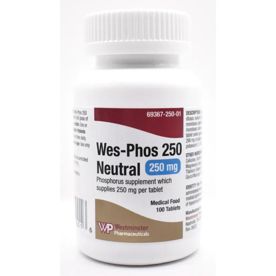 Wes-Phos 250 mg neutral phosphate tablets, 100 count, dietary supplement in blister pack, from Pasteur Pharmacy Vitamins & Supplements