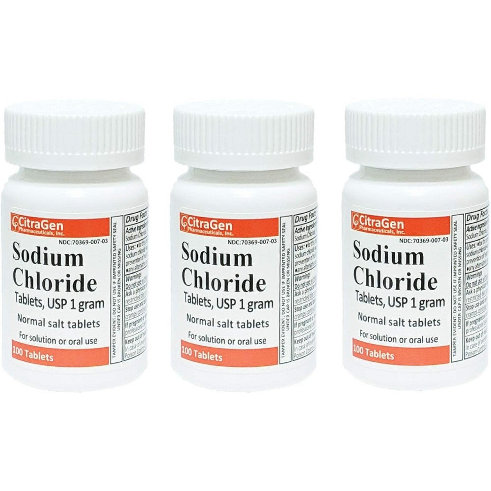Bottle of Westminster Pharmaceuticals Sodium Chloride USP salt supplement tablets, with label showing tablets inside.