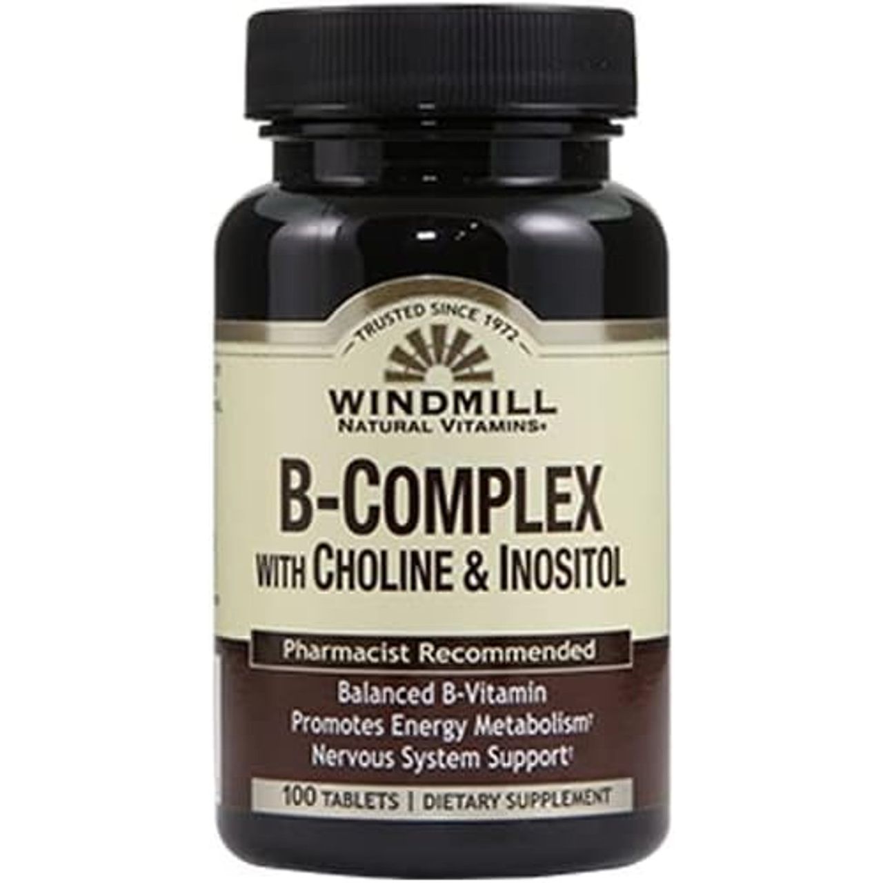 Bottle of Windmill B-Complex vitamins with choline and inositol tablets from Pasteur Pharmacy, containing 100 supplement tablets.