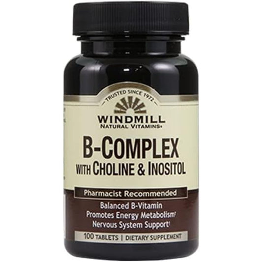 Bottle of Windmill B-Complex vitamins with choline and inositol tablets from Pasteur Pharmacy, containing 100 supplement tablets.