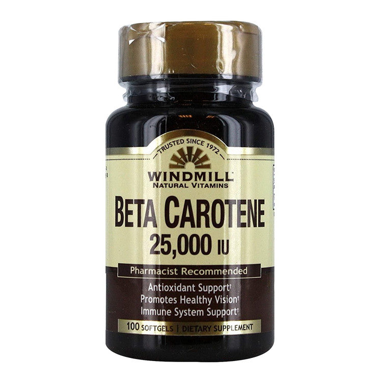 Windmill Beta Carotene 25,000 IU softgels bottle from Pasteur Pharmacy, a dietary supplement for eye and skin health.