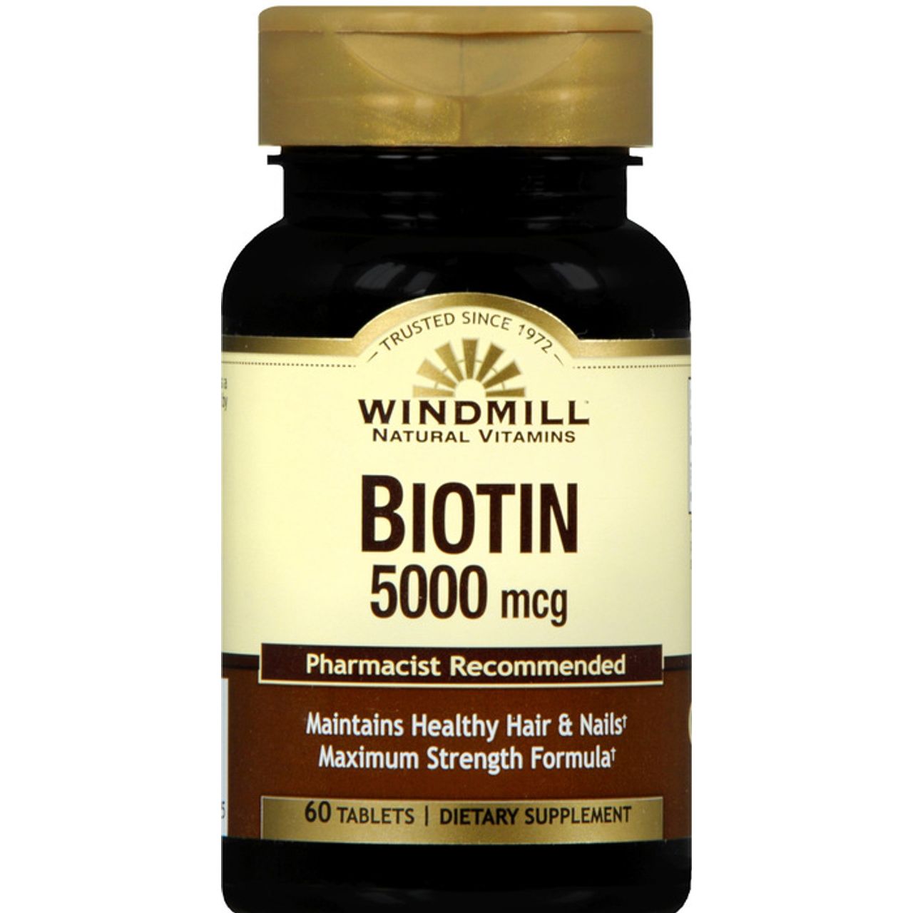 Windmill Biotin 5000 mcg supplement bottle from Pasteur Pharmacy, featuring label and cap, in a clean, well-lit setting.