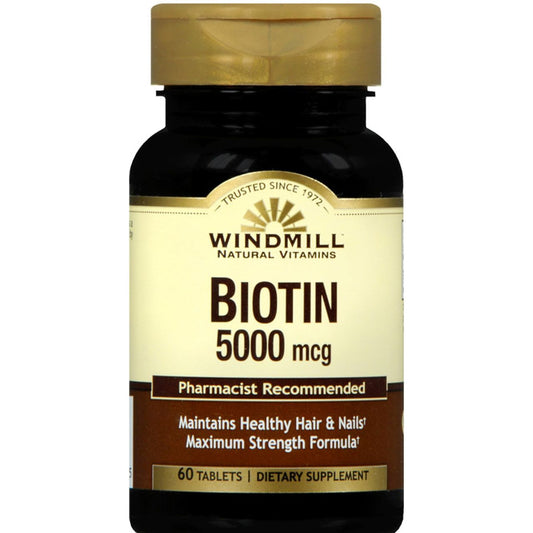 Windmill Biotin 5000 mcg supplement bottle from Pasteur Pharmacy, featuring label and cap, in a clean, well-lit setting.