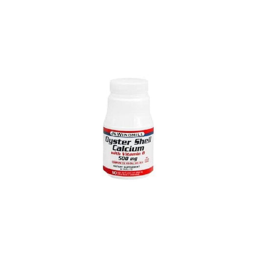 Windmill Calcium 500 mg tablets with oyster shell and vitamin D in a bottle, supplement packaging with label details visible.