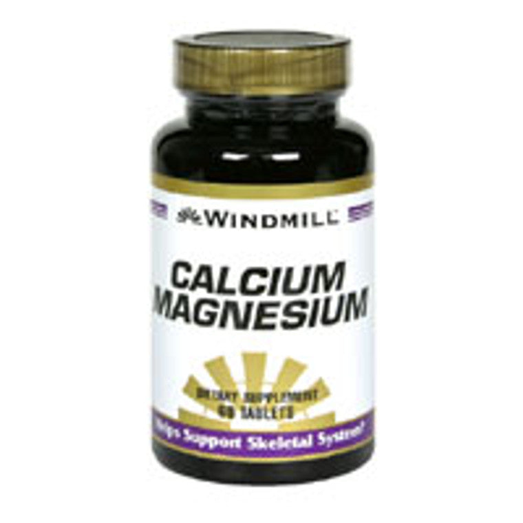 Windmill Calcium Magnesium 1000mg/500mg tablets in a bottle, dietary supplement by Pasteur Pharmacy, 60-count bottle.