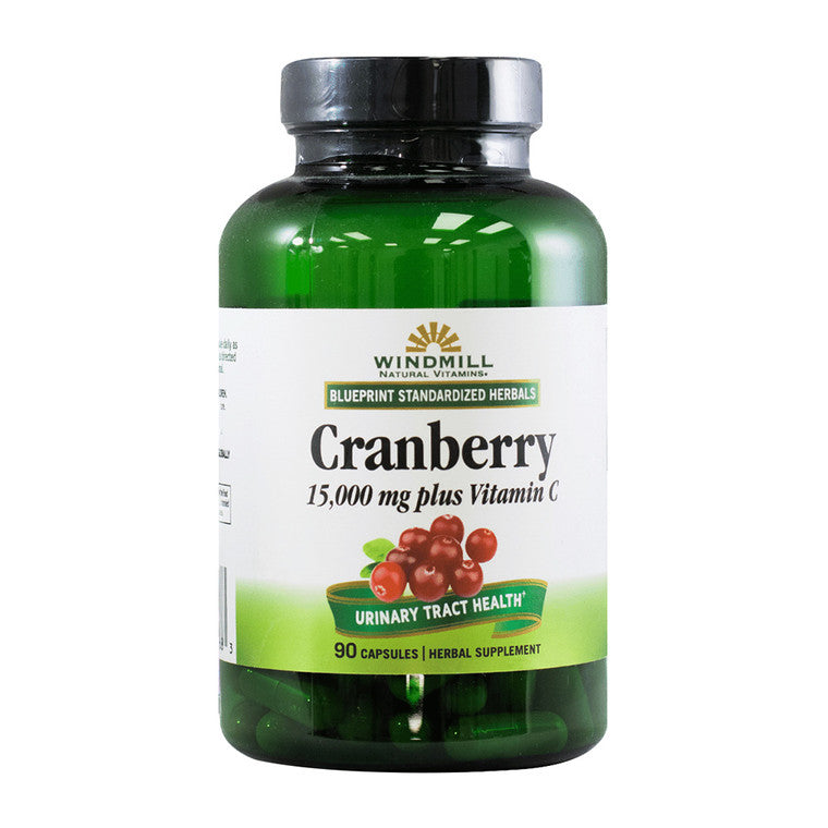 Windmill Cranberry Plus Vitamin C supplement bottle with 90 capsules, featuring bright cranberry and vitamin C branding.