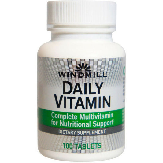 Windmill Daily Vitamin bottle with 100 tablets, supplement for daily health, from Pasteur Pharmacy, in a clear plastic bottle.