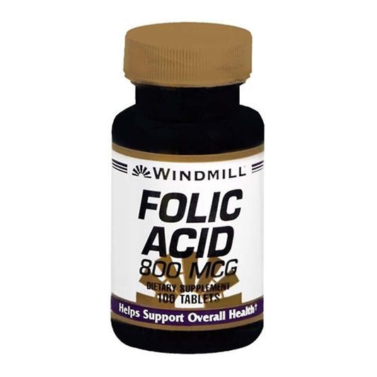 Windmill Folic Acid 800 mcg tablets from Pasteur Pharmacy, dietary supplement for prenatal health and overall wellness.