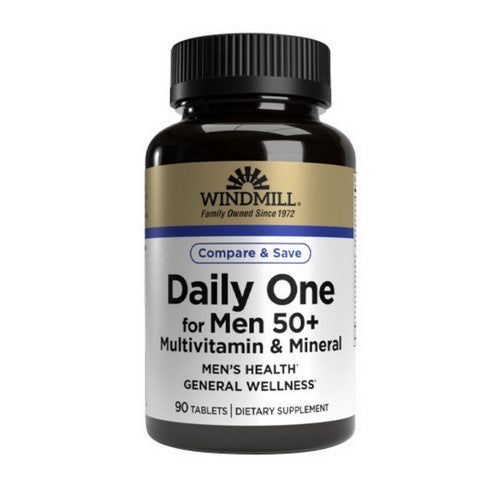 Windmill Health Daily One For Men 50+ vitamins and supplements in a bottle of 90 tablets, designed for men's health and wellness.