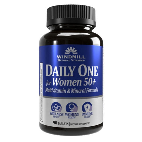 Windmill Health Daily One for Women 50+ vitamin supplement in 90 tablets, designed for women's health and daily nutrition.