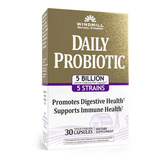 Windmill Health Daily Probiotic capsules with 5 billion CFU, dietary supplement in a bottle, designed for digestive health.
