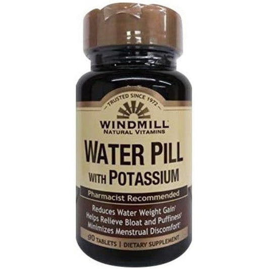 Windmill Health Water Pill with Potassium tablets from Pasteur Pharmacy, showing the supplement bottle with label and tablets inside