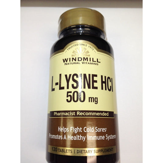 Windmill L-Lysine HCl 500 mg tablets by Pasteur Pharmacy, bottle of 120 vitamins and supplements for immune support.