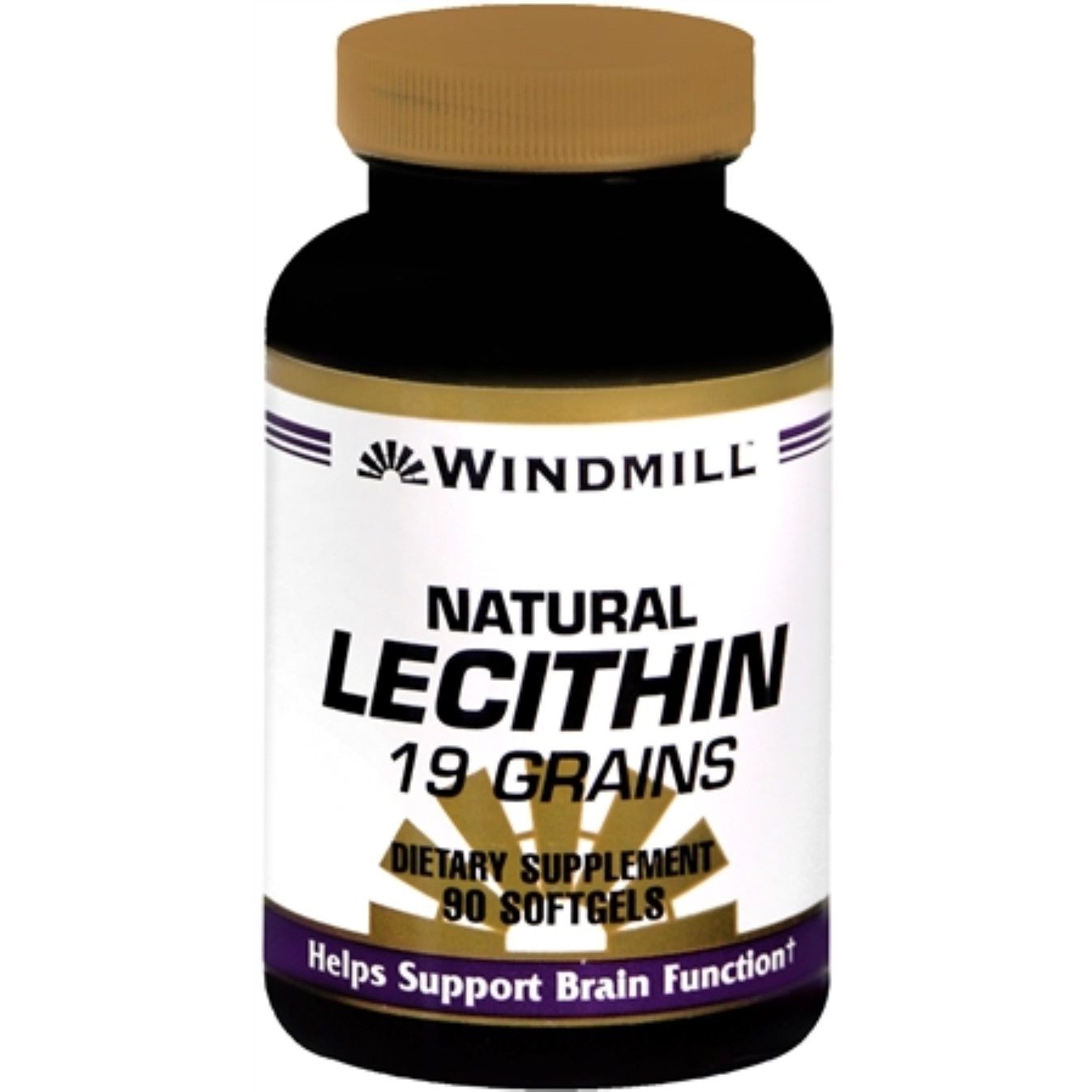 Windmill Natural Lecithin softgels in 19 grains, 1200 mg, dietary supplement bottle showing softgel capsules.