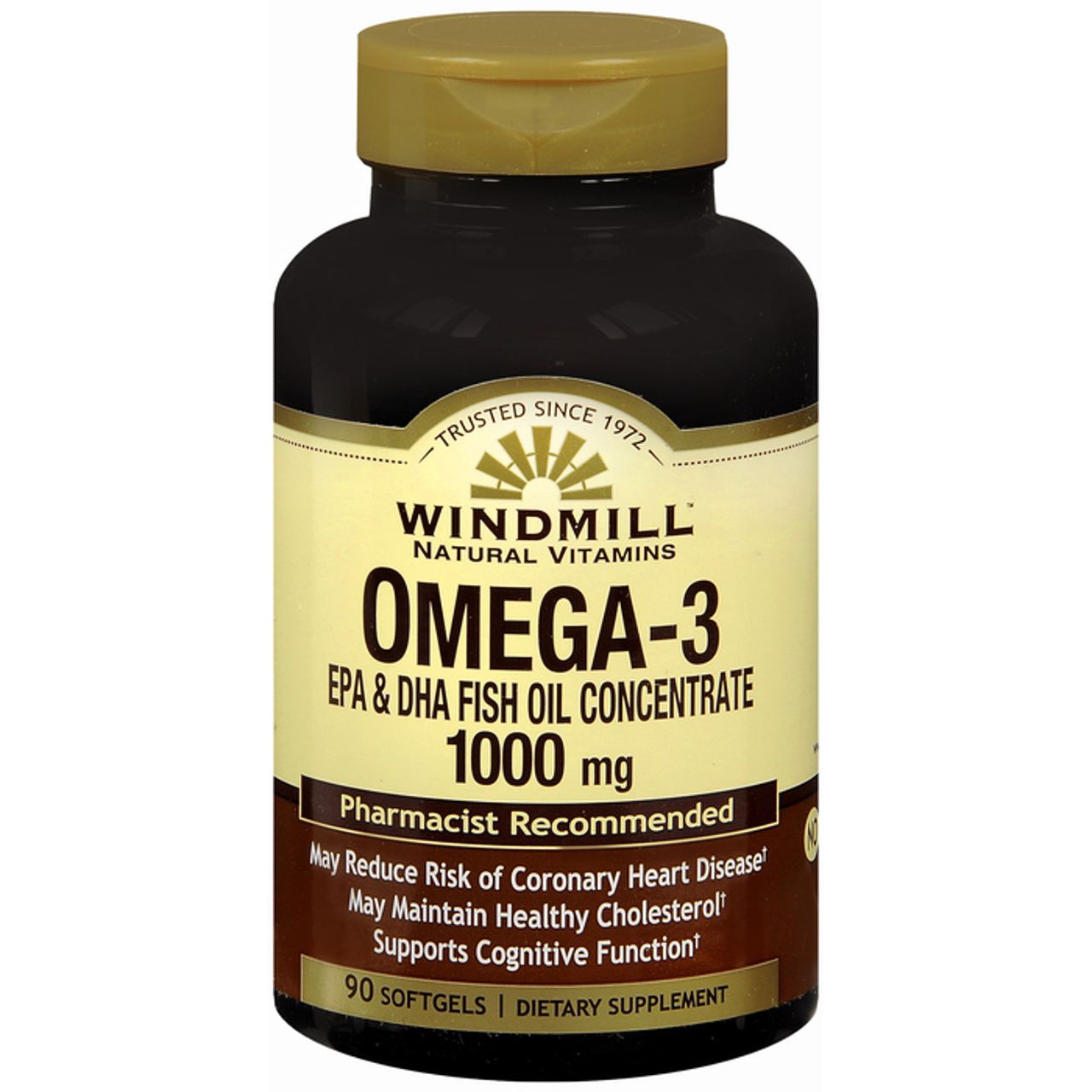 Windmill Natural Omega III EPA + DHA 1000mg softgels, vitamin supplement in clear bottle with label showing product details.