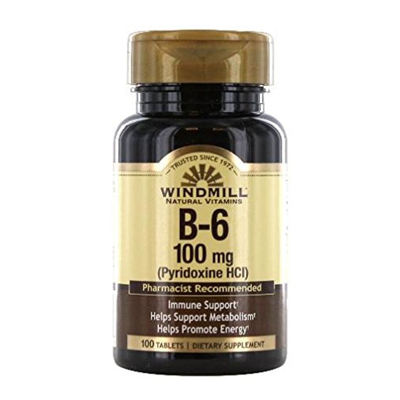 Windmill Natural Source Vitamin B-6 tablets by Pasteur Pharmacy, 100 mg dietary supplement for energy and metabolism support.