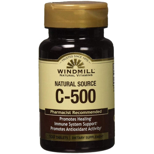 Windmill Natural Source Vitamin C-500 tablets from Pasteur Pharmacy, supplement for immune support and daily health.