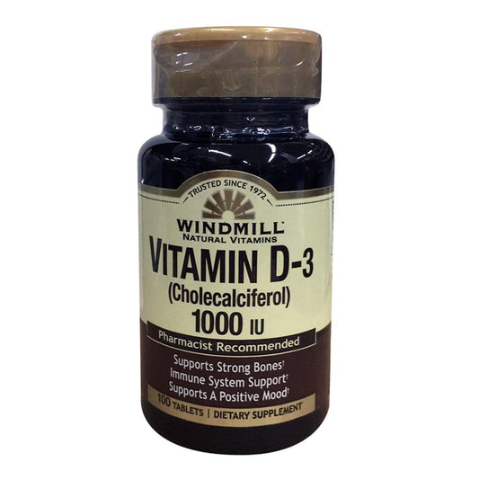 Windmill Natural Vitamin D 1000 tablets in white bottles, dietary supplement for bone health, by Pasteur Pharmacy.