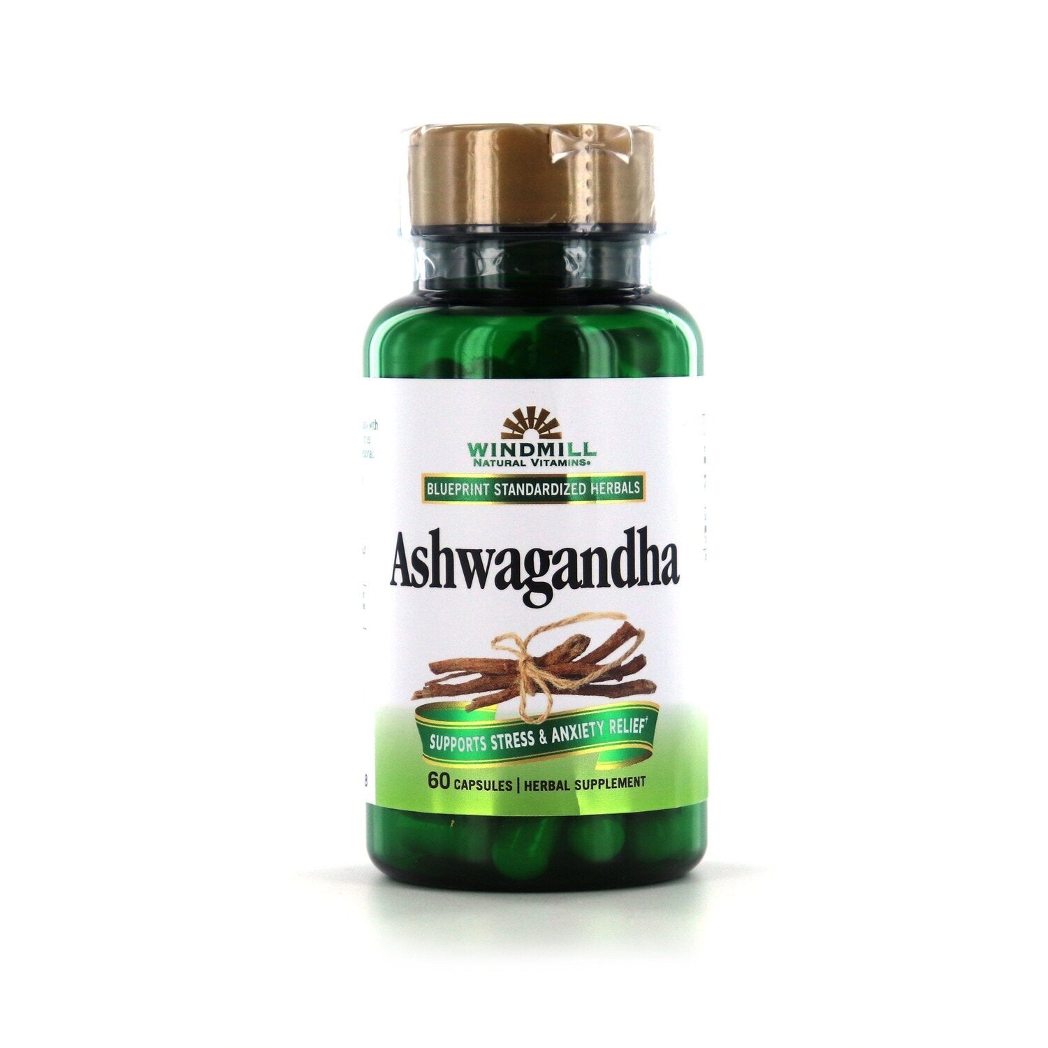 Windmill Natural Vitamins Ashwagandha Capsules from Pasteur Pharmacy, gluten-free dietary supplement, in a container with label.