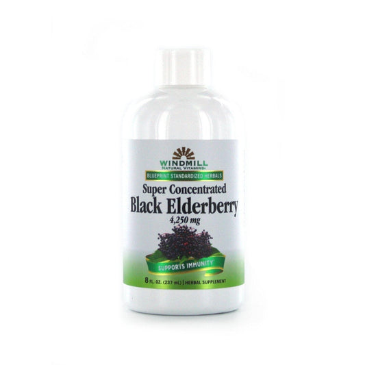 Black elderberry supplement in an 8 fl oz bottle from Windmill Natural Vitamins, part of Pasteur Pharmacy's vitamins and supplements.