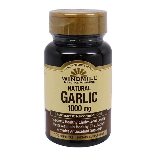 Bottle of Windmill Odorless Garlic Oil 1000mg soft gels from Pasteur Pharmacy, dietary supplement for heart health and immune support.