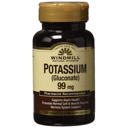 Windmill Potassium As Gluconate tablets by Pasteur Pharmacy, 99 mg, dietary supplement for maintaining potassium levels.