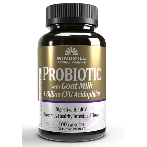 Windmill Probiotic with Goat Milk capsules, 100-count bottle of dietary supplement in blister pack, natural health product.