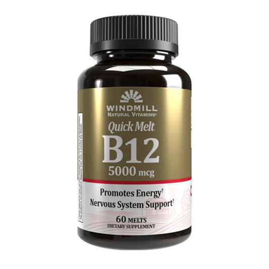 Windmill Quick Melt Vitamin B-12 5000 mcg dietary supplement bottle, Pasteur Pharmacy, 60-count bottle of B12 vitamins and supplements.