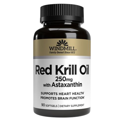 Red Windmill Krill GC supplement bottle from Pasteur Pharmacy, featuring 90 softgels of omega-3 fatty acids and krill oil.