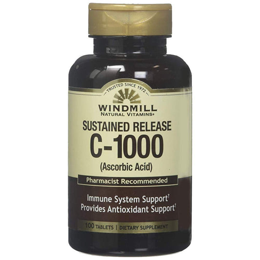 Bottle of Windmill Sustained Release Vitamin C-1000 supplements by Pasteur Pharmacy, featuring orange-flavored tablets in a clear container.