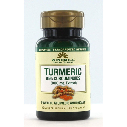Windmill Turmeric capsules with 95% Curcuminoids, 1000 mg, dietary supplement in a bottle, by Pasteur Pharmacy.