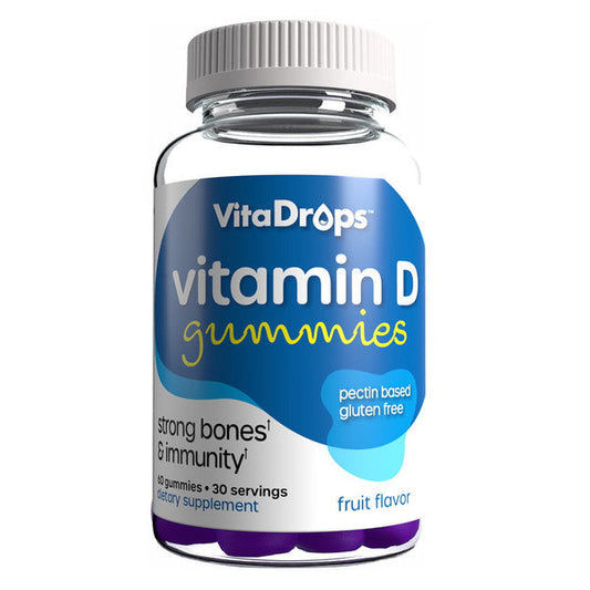 Windmill Vitadrops Gummies Vitamin D3, soft chews for immune support, in a colorful bottle with gummies visible.
